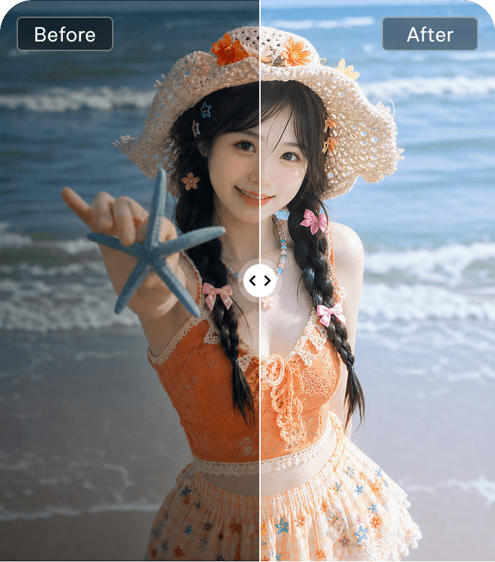 Before-and-after photos of a beach beauty in summer