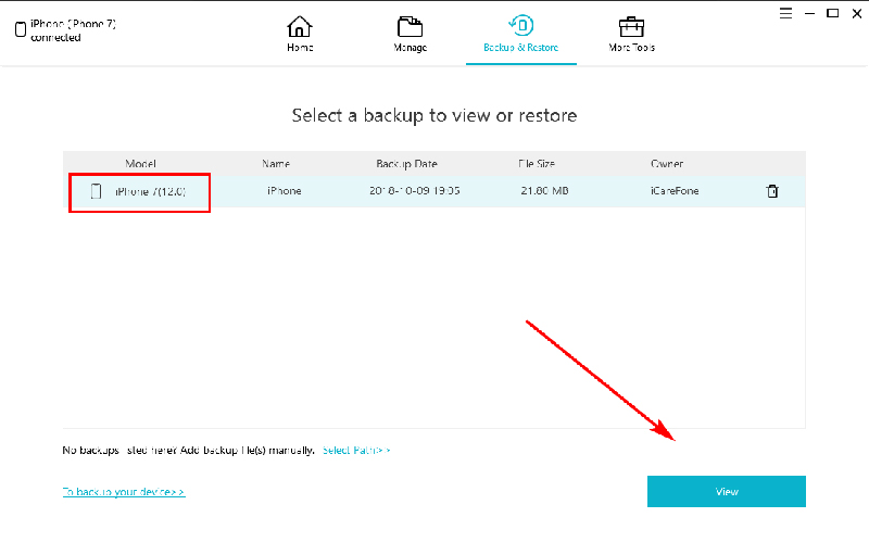 selected backup to restore or view