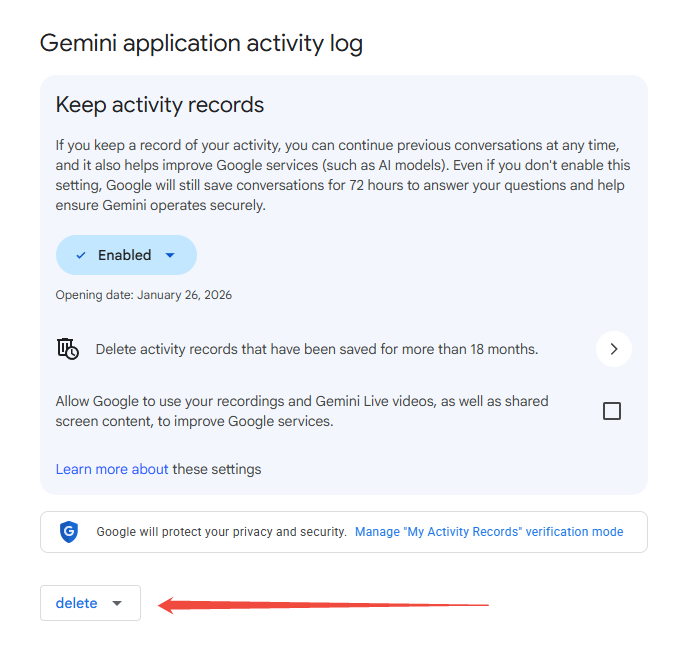 click the delete button in Gemini application activity log settings to remove saved activity records