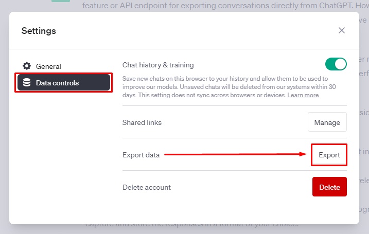 Export Chatgpt Data from Settings