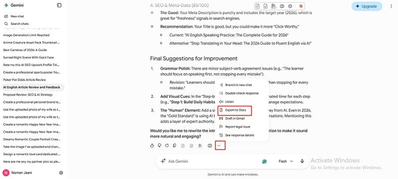 Export Gemini Chat to Google Docs