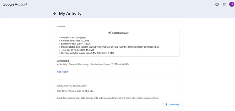 Google Takeout Download Page for Gemini Data Export