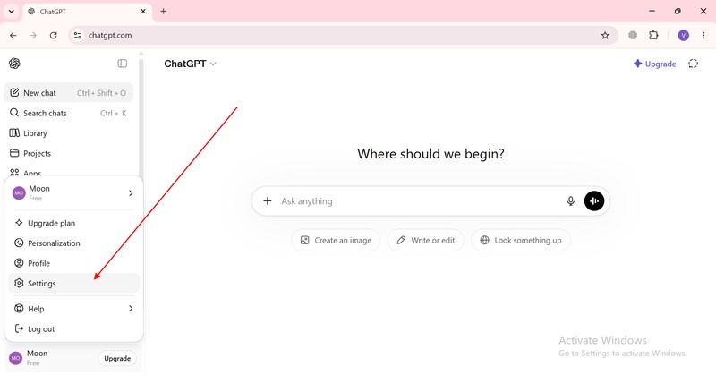Open Settings in Chatgpt