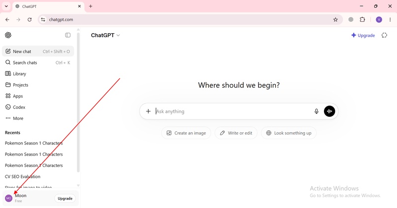 Open the Account Menu in Chatgpt