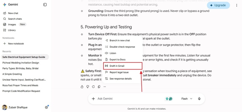 Selecting Draft in Gmail from the Gemini Export Menu