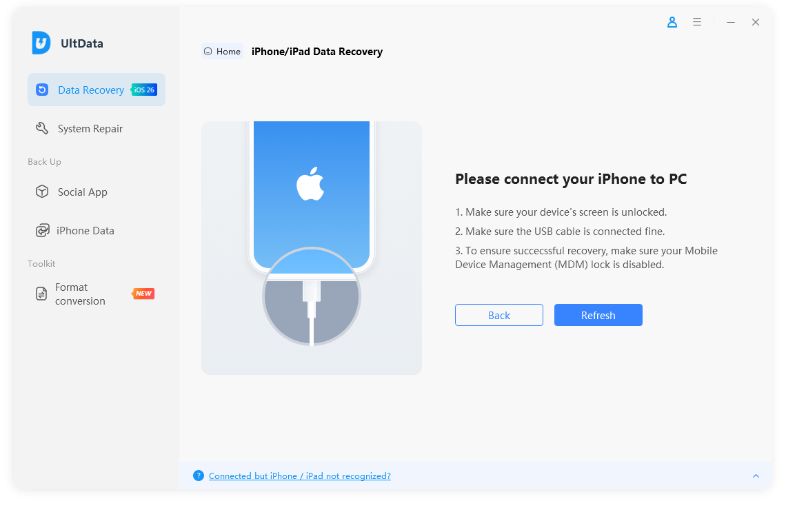 Connect iPhone to PC on UltData interface