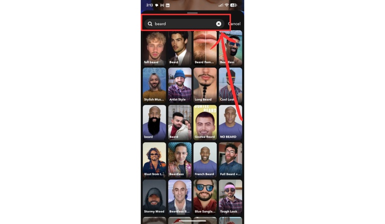 searching for a beard filter on snapchat