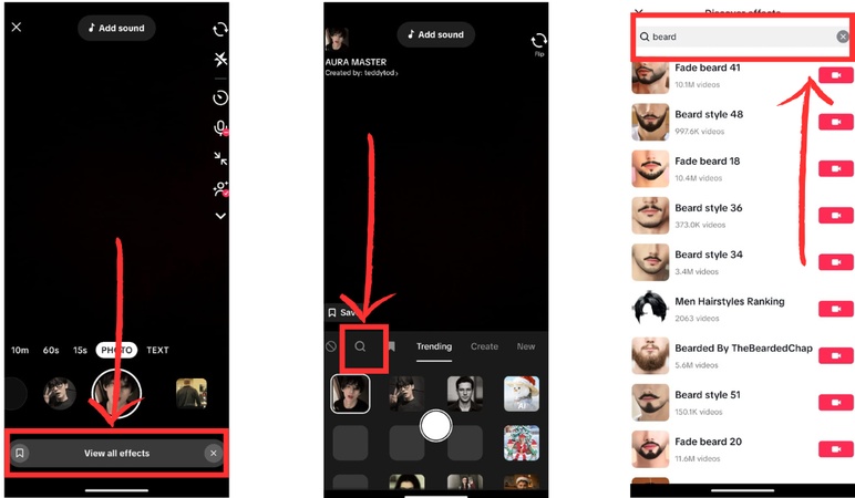 showing steps to search for a beard filters on tiktok