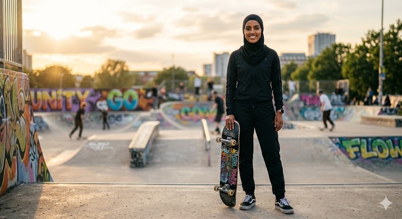Image Generated from the Skateboarding Hijabi Gemini Ai Prompt for Muslim Women