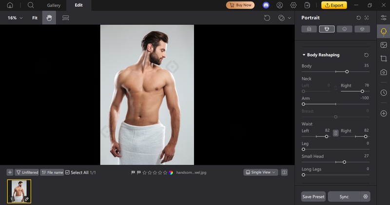 Screenshot der Oberfläche einer Foto-App zur Körperformung