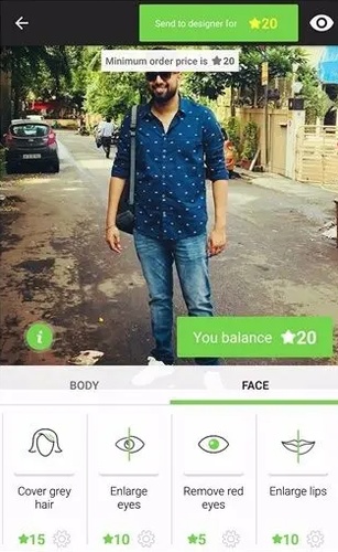 Retouch Me App Oberfläche mit kostenpflichtigen Gesichtsretuschierungsoptionen