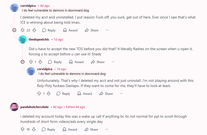 User Reactions on TikTok New Terms and Conditions 2026 From Reddit