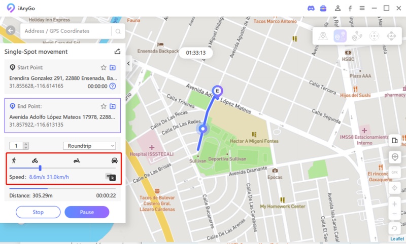 Set speed start route pause anytime
