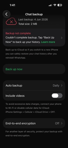 WhatsApp bulut yedekleme seçeneğinin kullanılabilir olduğunu kontrol edin
