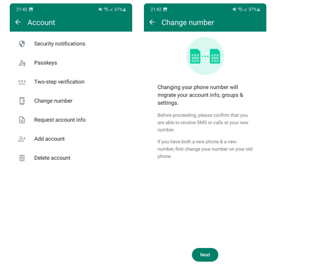 whatsapp number change android