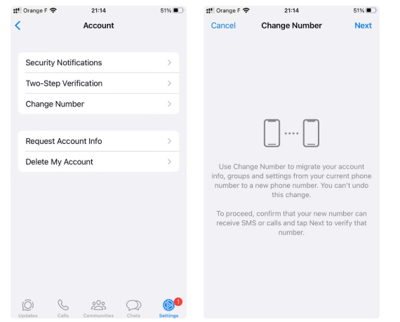 whatsapp number change iphone