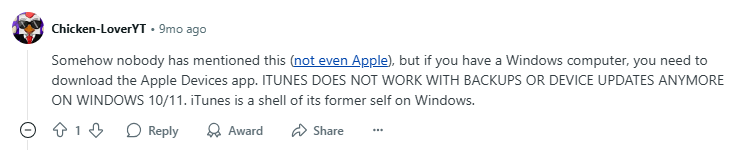 iTunes no longer supports backups on windows 10/11