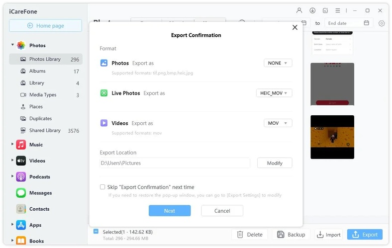 Save Location and Format Options