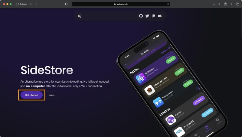 sidestore click get started