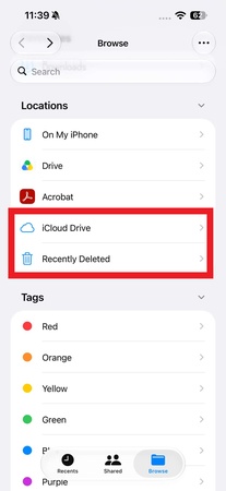 checking icloud drive and recently deleted folders in files