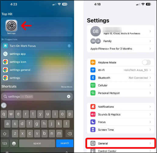 general settings option in iphone