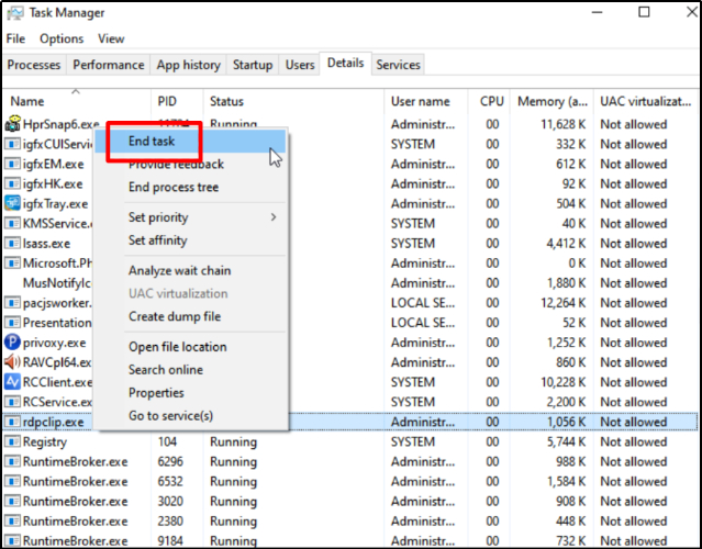  end rdpclip task via task manager