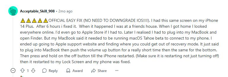 Fix iPhone Recovery Screen Stuck Using MacBook from reddit users