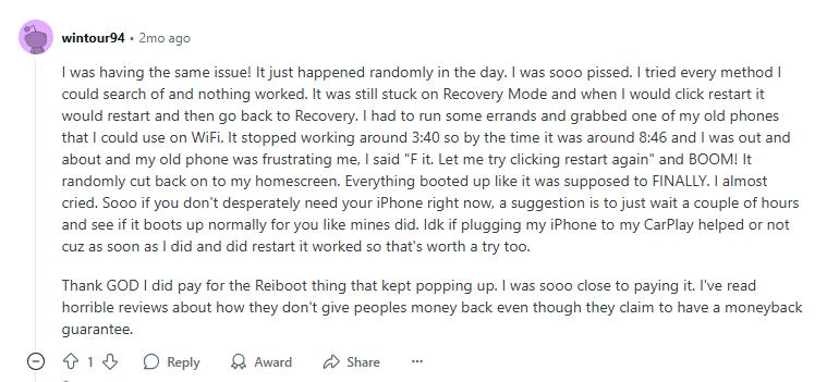 fix recovery assistant issue by restarting iphone from reddit users