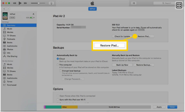 restriactions restore ipad