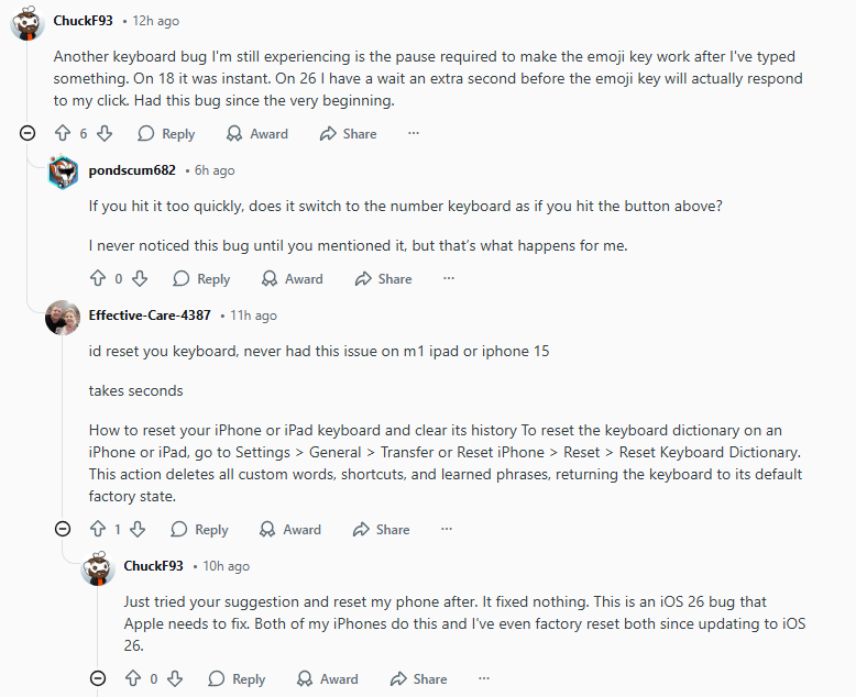 iOS 26 keyboard bugs from reddit