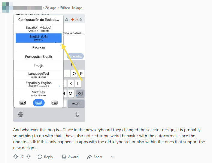 iOS 26 keyboard bugs reported from reddit