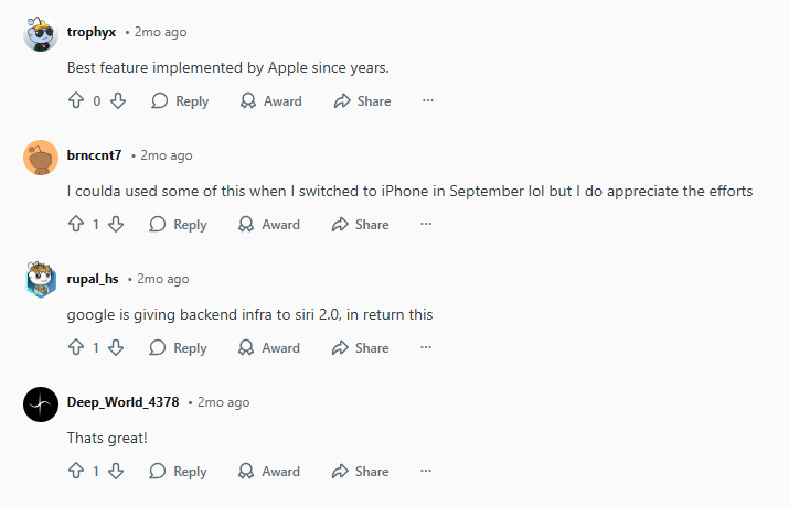 Positive Reactions from Reddit Users on ios 26.3