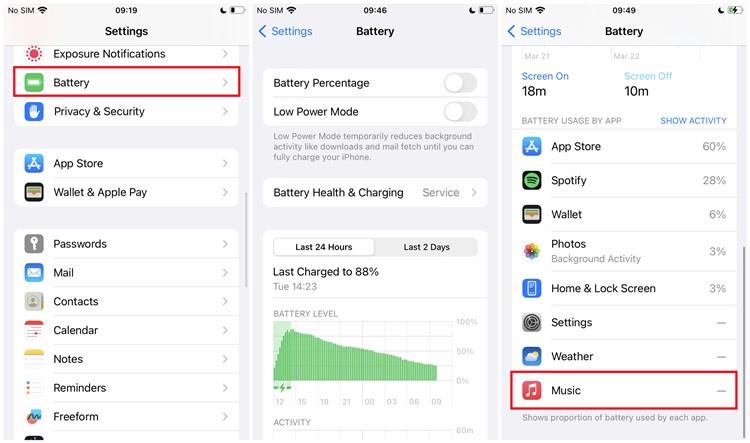 battery settings display music activity normal