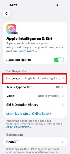 Change Siri Language Setting