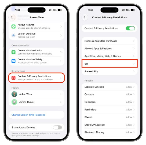 İçerik ve Gizlilik Sınırlamaları üzerinden Siri ayarları