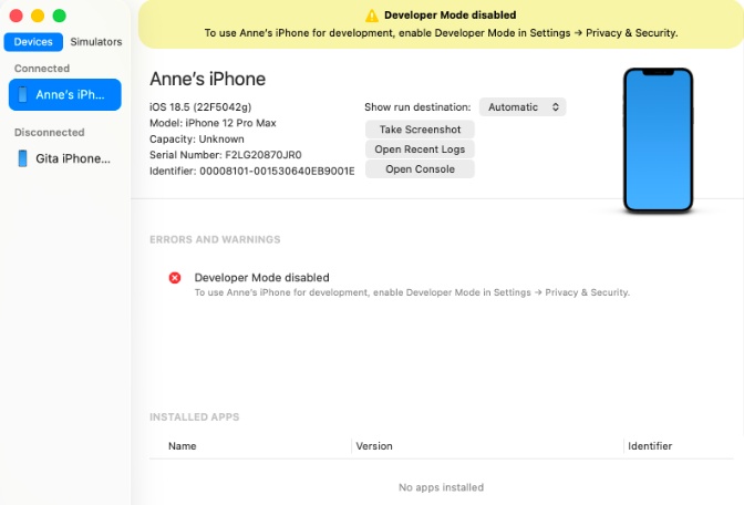 Xcode ile iOS geliştirici modunu etkinleştirme
