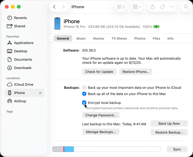 خطوات تشفير النسخة الاحتياطية المحلية لـ iPhone