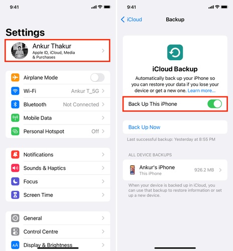 التنقل في إعدادات النسخ الاحتياطي على iCloud