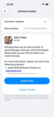 iOS 27 Beta 需要 25GB 可用空間
