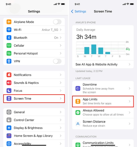 Tap the App Limits Option
