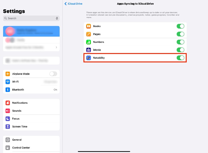 check notability's icloud sync settings