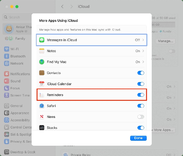 Mac Icloud Settings with Reminders Toggle Enabled