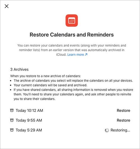 Restore Calendars and Reminders