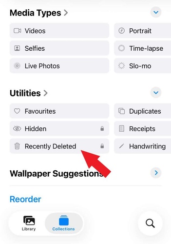 selecting recently deleted folder from photos app