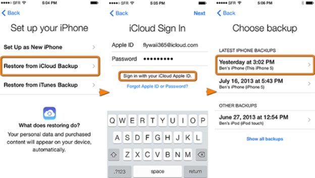 Turn on Iphone and Restore Data from Icloud Backup