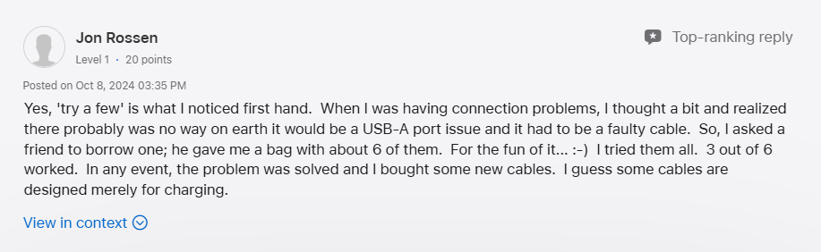 Faulty USB Cable or Port