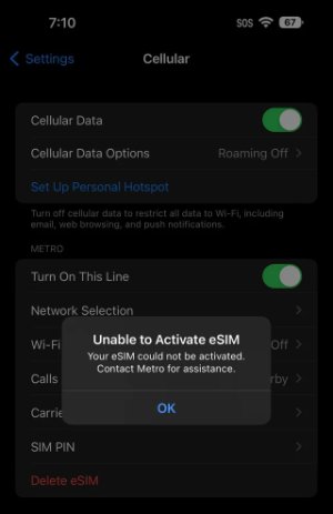 unable to activate esim