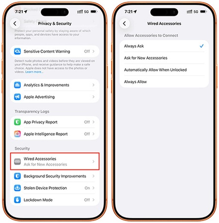 設定 iPhone Duo 在解鎖時自動允許有線配件連接