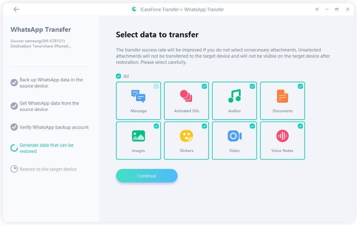 choosing whatsapp data for iphone transfer