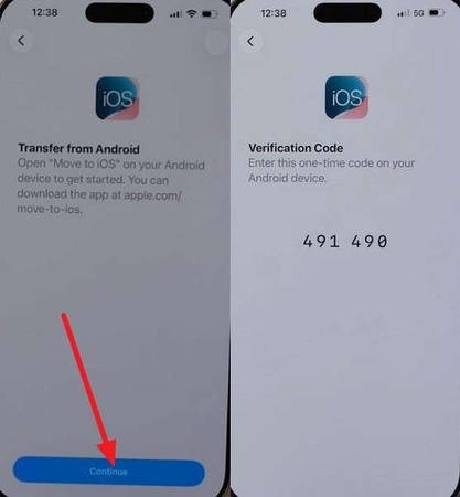 enter code in move to ios